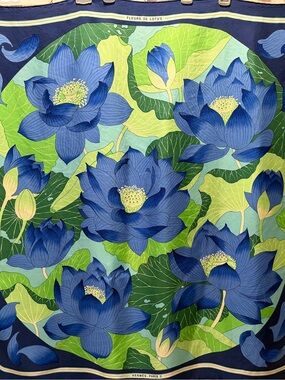 Hermès 'Fleurs de Lotus' Blue Lotus Silk Scarf